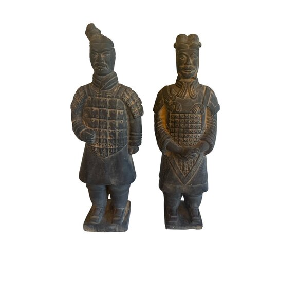 Set Of 2 Terracotta Warrior Figurines Handcrafted Replica Statues Black 8" Tall - Picture 1 of 6